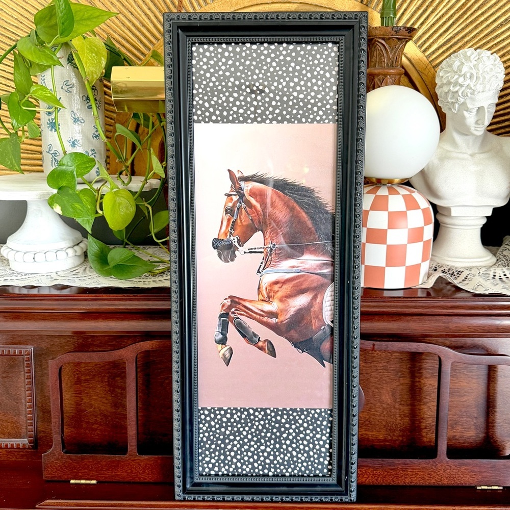 Horse Canvas Art Print Dot Black Framed Wall Art Equestrian Animal Art 10x26”
